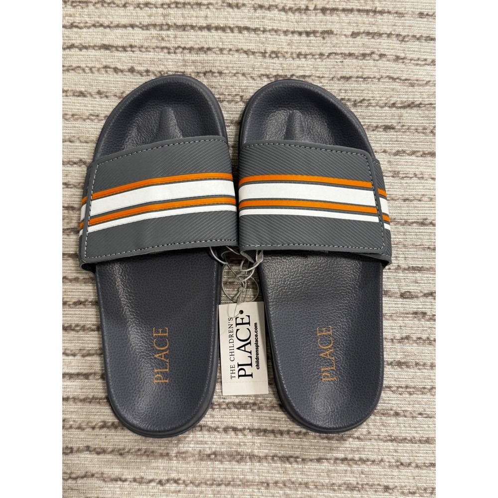 The Childrens Place Boys Grey Orange Striped Slide Sandals Youth Size 3 NWT